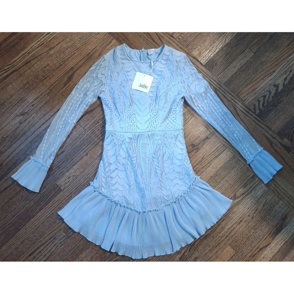 Selfie Leslie Embroidered Lace Mini Dress Steel Blue Pleated Ruffle Small S NWT
